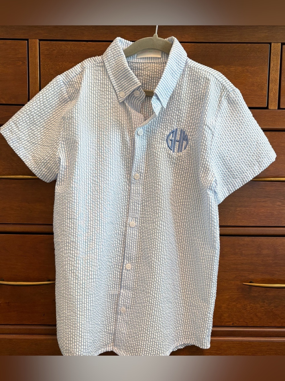 Cecil and Lou “GHM” monogrammed Short Sleeve Button Down Seersucker Shirt sz 8